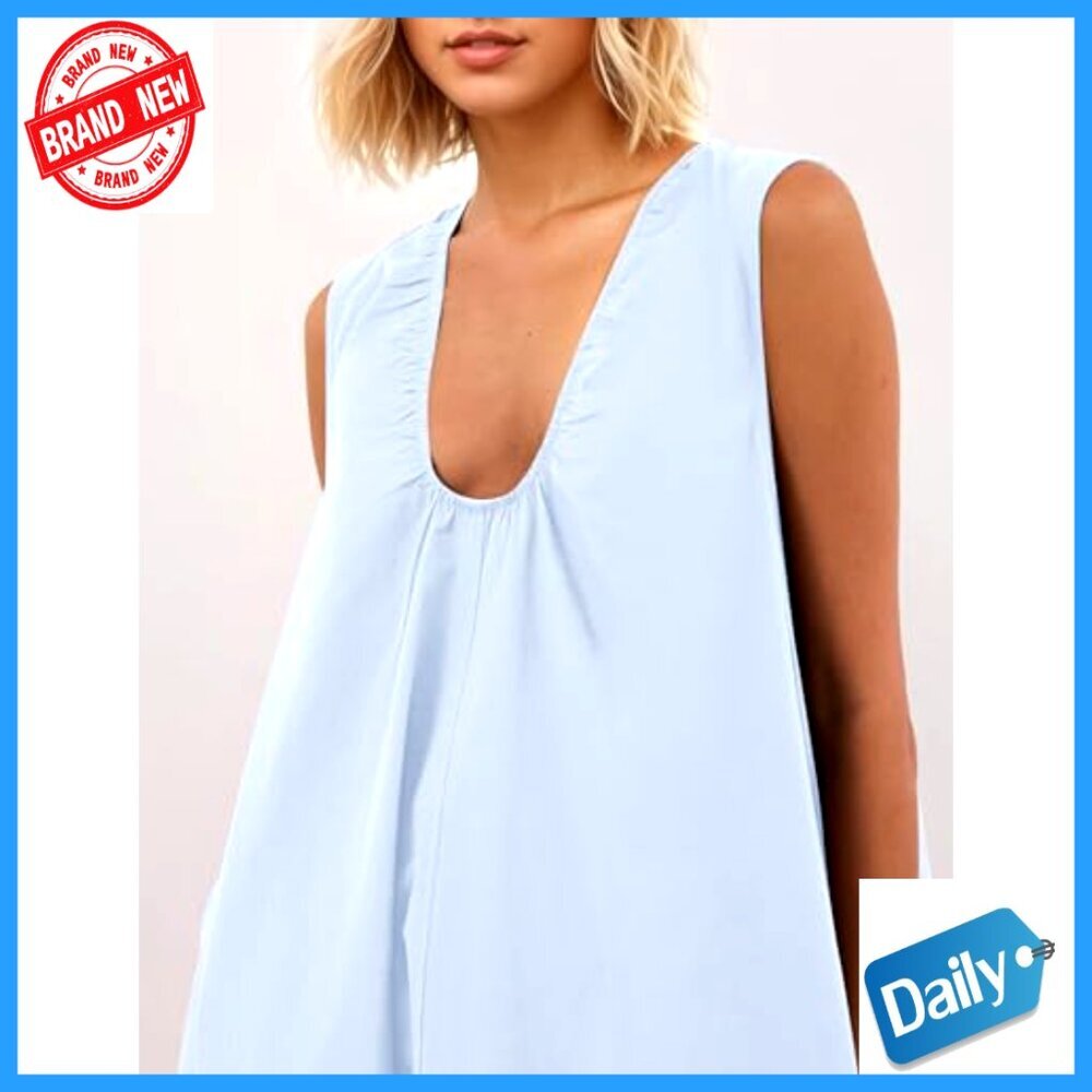 Cotton Maxi Dress Scoop Neck Ruched Side Pockets Swing Sundress - Picture 2 of 6